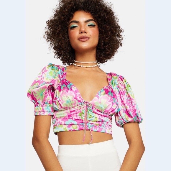 New! For Love & Lemons Julien Satin Crop Top in Pink/Green 45320 - Picture 1 of 13